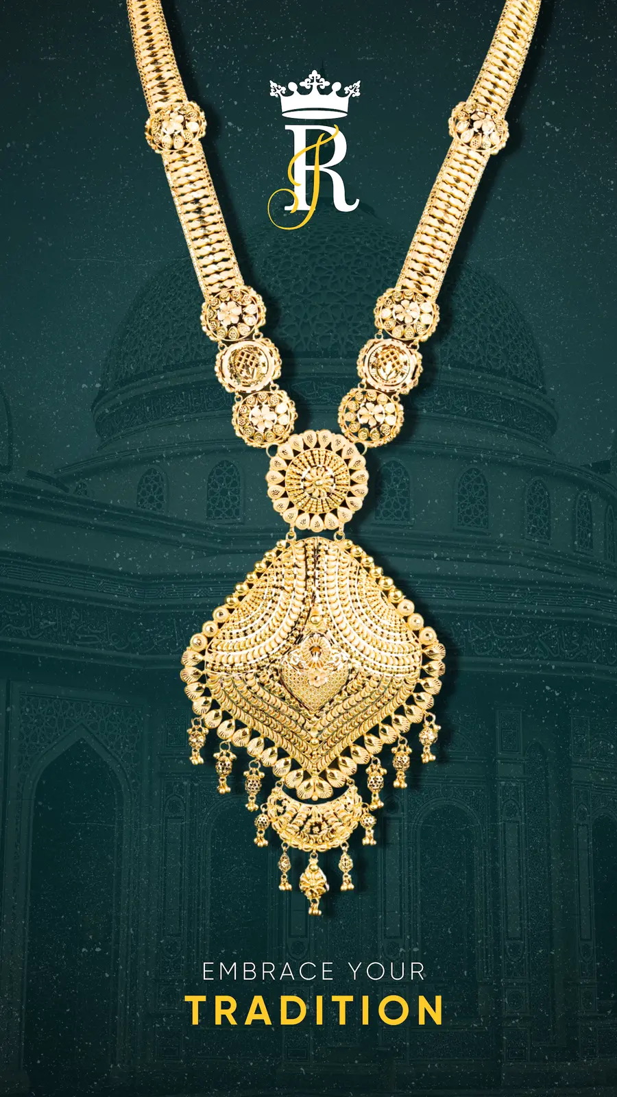 A long gold haram of pierced round medallions ending in a broad pendant.