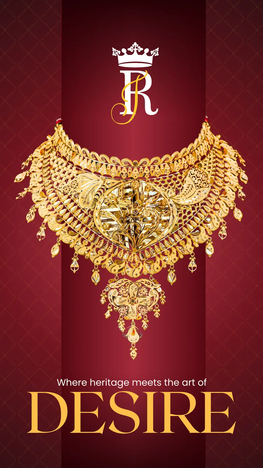 A very large ornate gold bridal collar with fanned filigree and hanging drops, on deep red.
